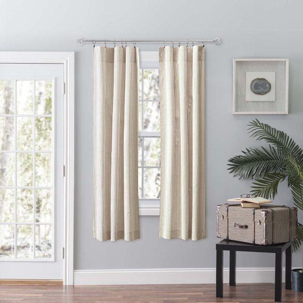 Ellis Curtain Plaza Classic Ticking Stripe Printed 3  Rod Pocket Tailored Panel Pair with Tiebacks Tan For Sale - Image 2